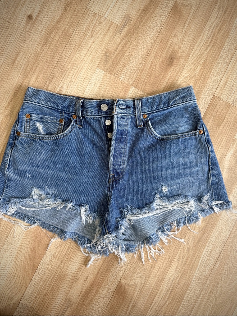 Levi's Medium Blue Distressed High-Rise Denim Shorts